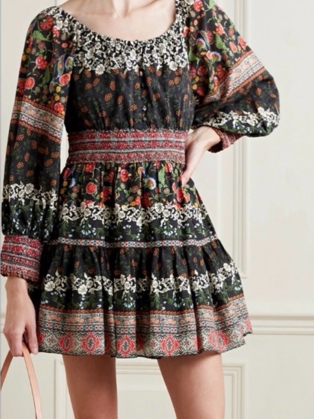Alice + Olivia Smocked Waist Floral Boho Mini Dress on or off shoulder NWOT 8